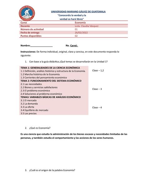 Actividad No Econom A Universidad Mariano G Lvez De Guatemala