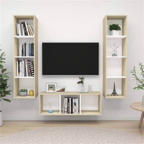 Vidaxl Piece Tv Stand Set White And Sonoma Oak Engineered Wood