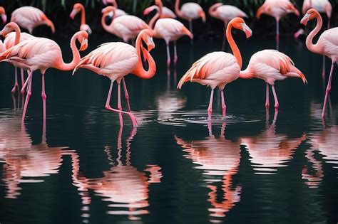 Premium Photo A Flock Of Pink Flamingos And Reflection In The Water