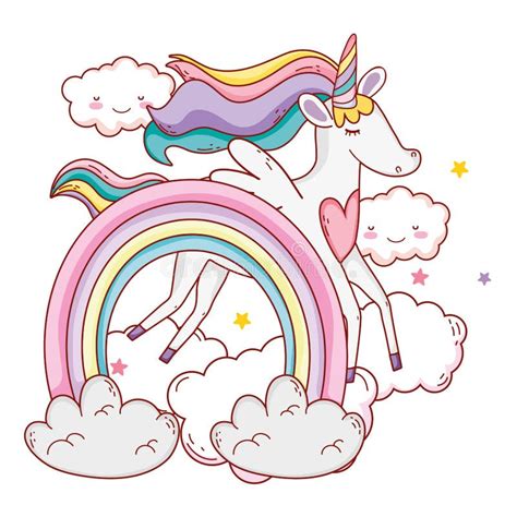 Unicorn Rainbows Clouds Fantasy Magic Cartoon Stock Vector