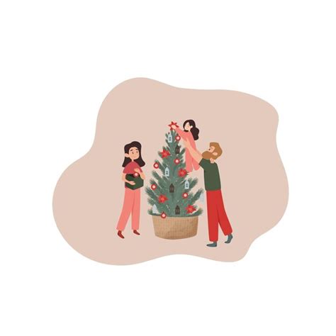 Ilustra O De Natal A Fam Lia Decora A Rvore De Natal A Crian A Est