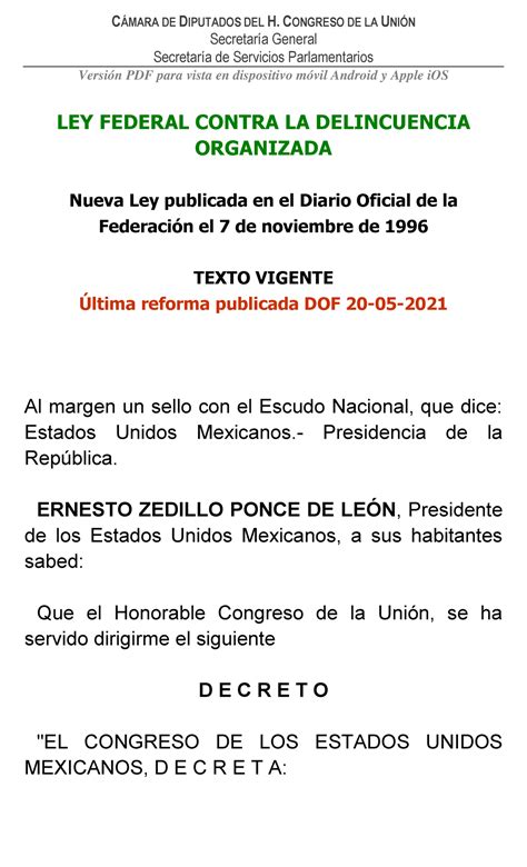 Ley Federal Contra La Delincuencia Organizada C Mara De Diputados Del