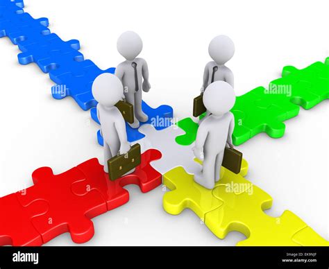 Four Businessmen Meet On Puzzle Crossroad Stock Photo Alamy