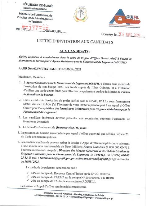 AGUIFIL Invitation à soumissionner dans le cadre de l appel d offres