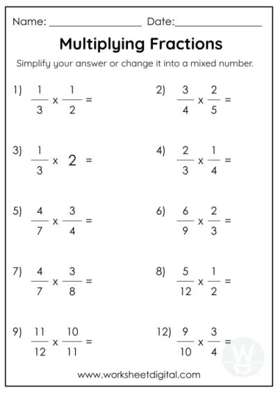 Fractions Worksheet Digital Fractions Worksheets Multiplying