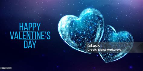 Happy Valentines Day Banner Wireframe Heart In Low Poly Style Abstract