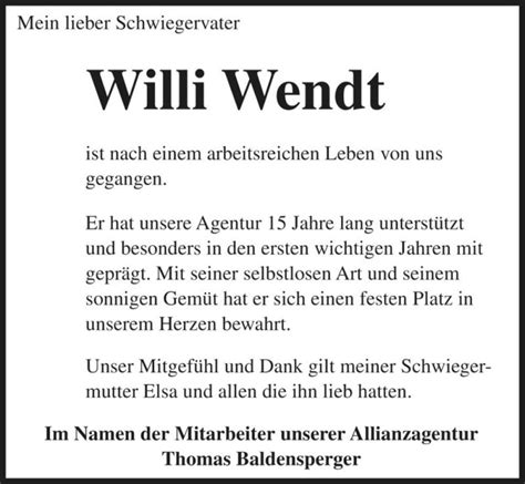 Traueranzeigen Von Willi Wendt Abschied Nehmen De