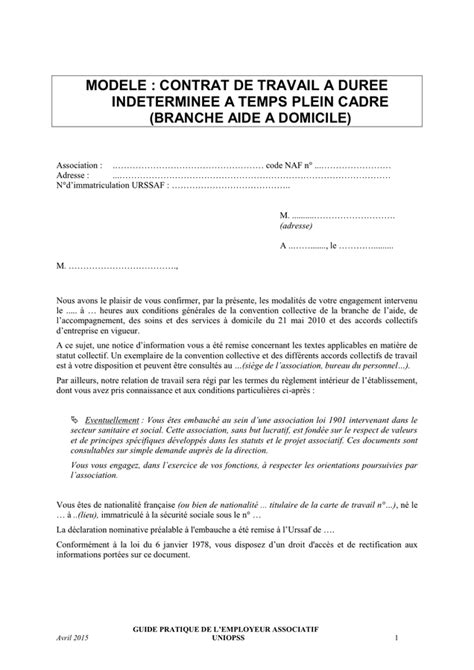 Model De Contrat De Travail A Duree Indeterminee A Temps Plein Cadre