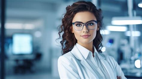 Premium Photo A Beautiful Young Woman Scientist Wearing White Coat And Glasses In Modern