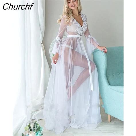 Churchf White Lace Lingerie Dress Women See Through Nightdress Lace Lingerie Pajama Kimono