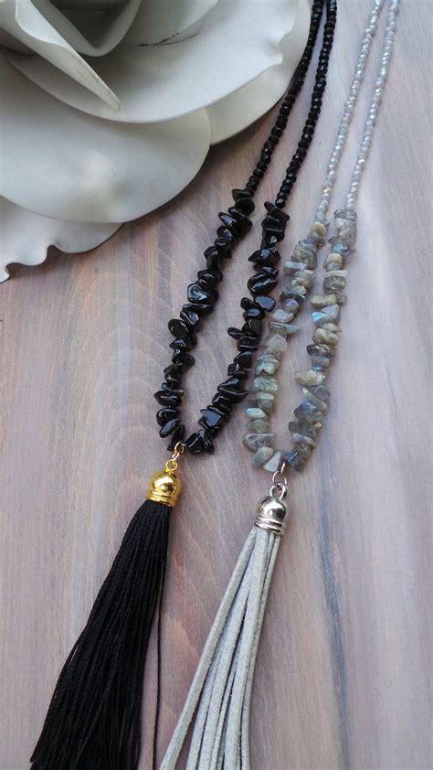 Long Beaded Grey Tassel Necklace Long Tassel Necklace With Etsy Long Beaded Necklace Long