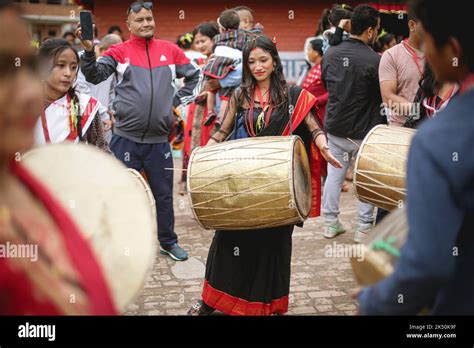 Bhaktapur Nepal 5th Oct 2022 Nepalese Musicians Perform During The