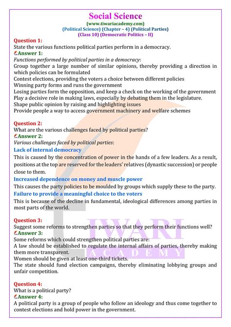 Ncert Solutions Class 10 Political Science Chapter 4 Political Parties