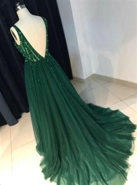 Dark Green Tulle Prom Dress Backless V Neck Long Evening Dress On Luulla