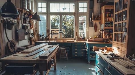 Un atelier de bois bien rangé et organisé avec de la lumière naturelle