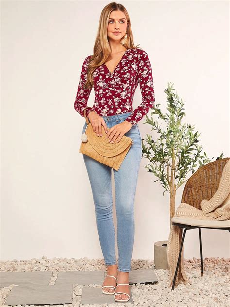 Shein Frenchy Allover Floral Print Surplice Neck Tee Shein Usa