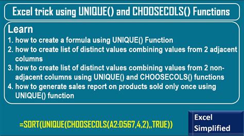 Excel Trick Using Unique And Choosecols Functions Youtube