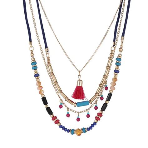 Bohemian Multi Color Layers Necklaces Colorful Beads Tassel Maxi Long