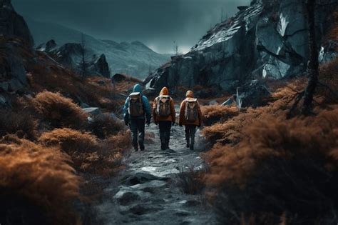 Tres personas caminando por un sendero en la montaña Foto Premium