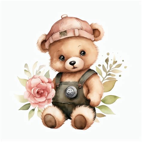 Linda ilustração de clipart em aquarela de bebê Safari Ranger Teddy