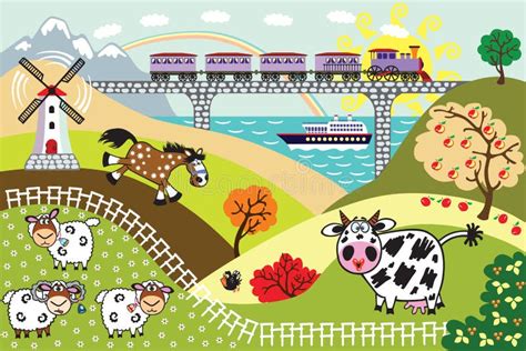 Cartoon Countryside Landscape Stock Vector - Illustration of livestock ...