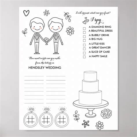 Two Grooms Gay Wedding Coloring And Activity Page Poster Zazzle