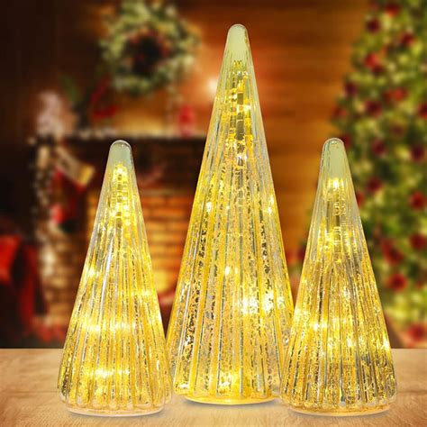 The Holiday Aisle® 3 Pack Pre Lit Gold Glass Christmas Tree Home Decor Christmas Table