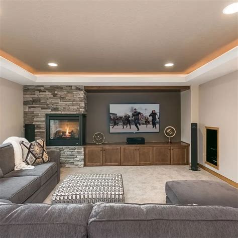 Gray Basement Small Basement Remodel Basement Fireplace Basement