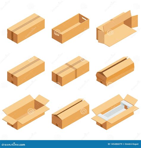 Isometric Set Of Brown Cardboard Box Isolated On White Background