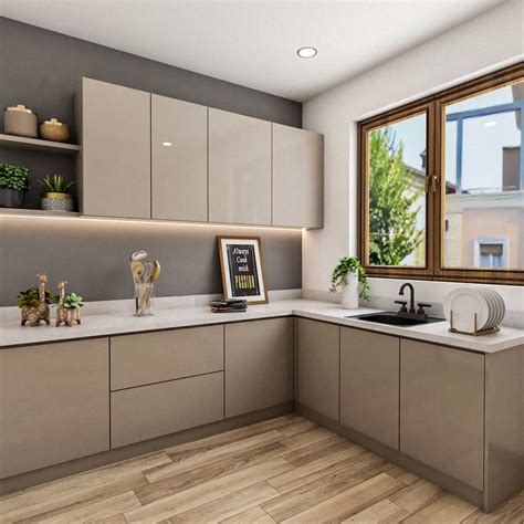 Light Brown Kitchen Design With Glossy Cabinets Livspace