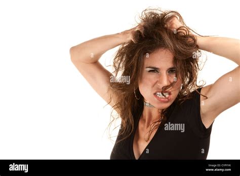 Pretty Woman With Wild Brunette Hair On White Background Stock Photo Alamy