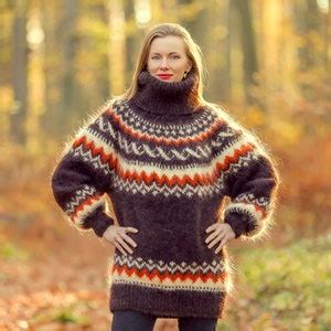 Icelandic Turtleneck Mohair Sweater Hand Knitted Fuzzy Mohair Pullover