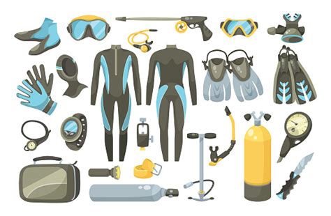 Gear For Scuba Diving And Spearfishing Vector Illustrations Set Stock ...