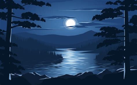 Premium Vector | Beautiful soothing night scene landscape with river ...