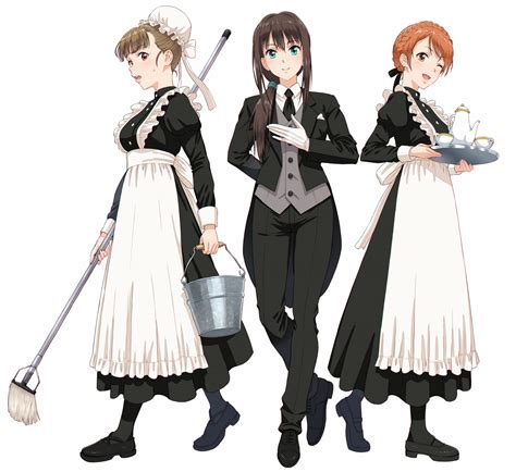 Safebooru 3girls D Apron Bangs Black Dress Black Footwear Black Jacket Black Legwear Black