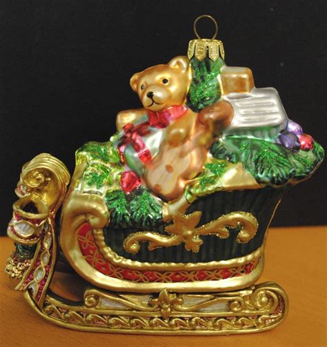 Fitz And Floyd Florentine Christmas Sleigh With Teddy Bear Ornament Glass Euc Teddy Bear