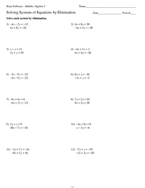 Systems Of Equations Elimination Method Worksheet For 8th 12th Grade