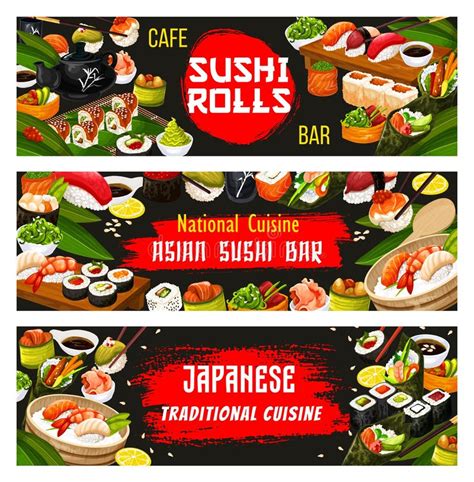 Japanese Cuisine And Sushi Bar Vector Banners Stock Vector