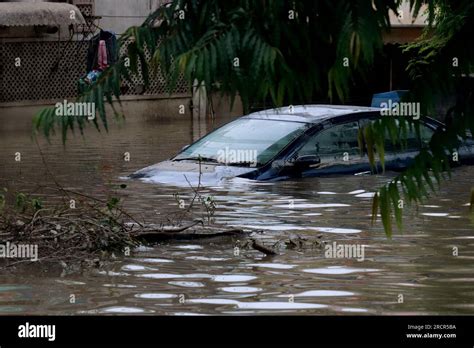 New Delhi India Th July A Vehicle Submerged In Floodwaters