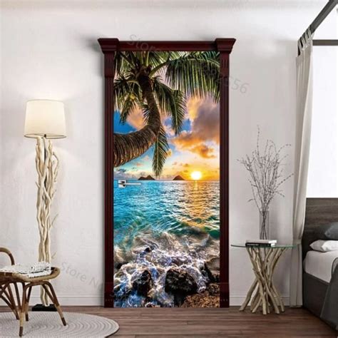 Autocollants De Porte En Bois 3D Art Mural Paysage Papier Peint Auto