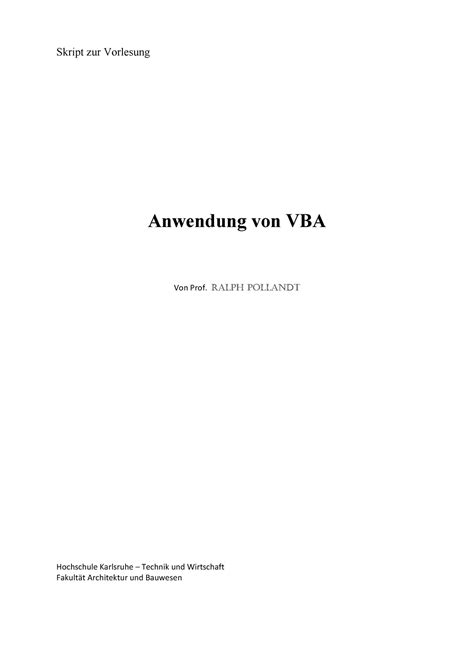 VBA Skript Skript Zur Vorlesung Anwendung Von VBA Von Prof Ralph