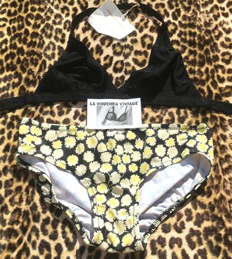 FRENCH DESIGNER 1960s FLORAL BIKINI BLACK TRIANGLE Gem