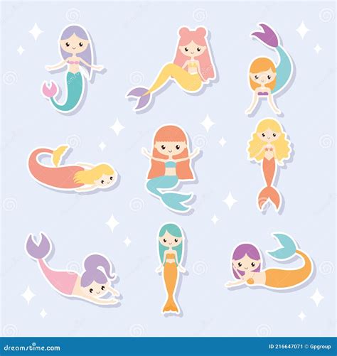 Cute Mermaids Set And Design Elements Stickers Clip Art For Girls In