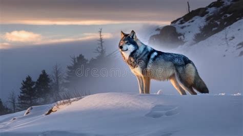 A Lone Wolf Standing On Top Of A Snowy Hillside AI Stock Image Image