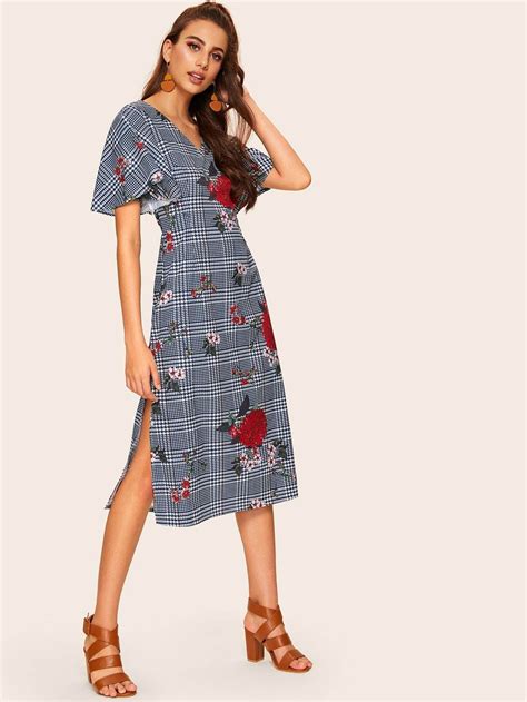 V Neck Houndstooth And Floral Print Dress Floral Print Dress Dresses