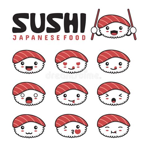 Cute Sushi Emoji With Different Facial Expressions Stock Vector