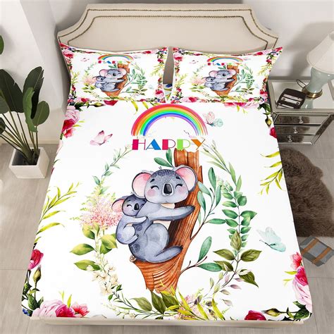 Koala Bedding Set Cute Rainbow Cartoon Grey Koala Bed Sheets Kawaii Room Decor Wildlife Jungle