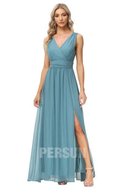 Robe Demoiselle D Honneur Bleu Clair Longue Fendue En Mousseline