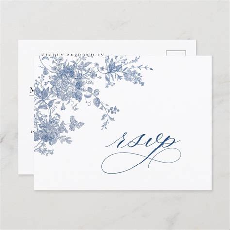 Elegant Vintage Blue French Garden Wedding RSVP Postcard Zazzle