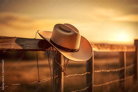 cowboy hat hanging on a wooden fence at sunset background. wild west ...